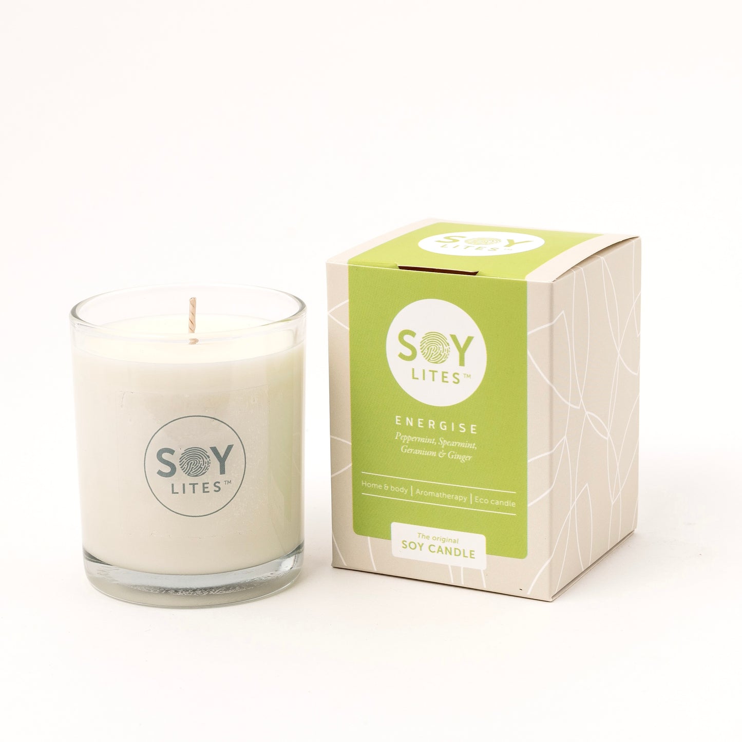 Soylites Soja home fragrance kaars Energise; Spearmint, Peppermint, Eucalyptus, Geranium, Ginger, 15 uur