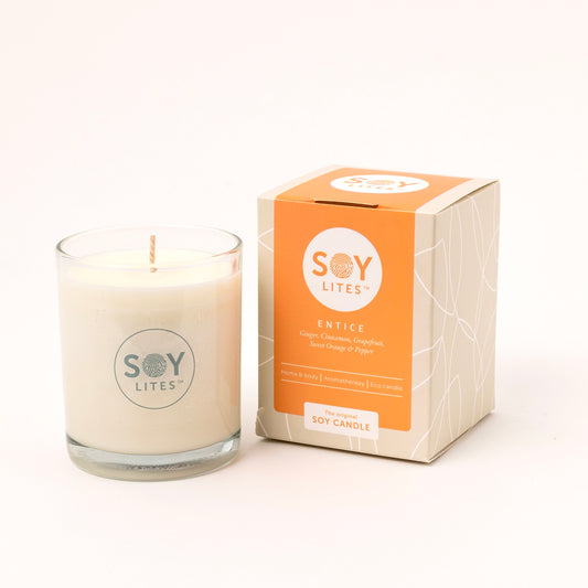 Soylites Soja home fragrance kaars Entice; Cinnamon, Orange, Grapefruit, Ginger, 15 uur